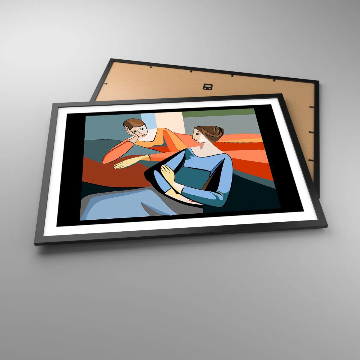 Affiche dans un cadre noir - Poster - Illustration abstraite de deux femmes dans le style cubiste - 70x50cm - Un moment de confiance - Décoration murale moderne pour le salon et la chambre ARTTOR