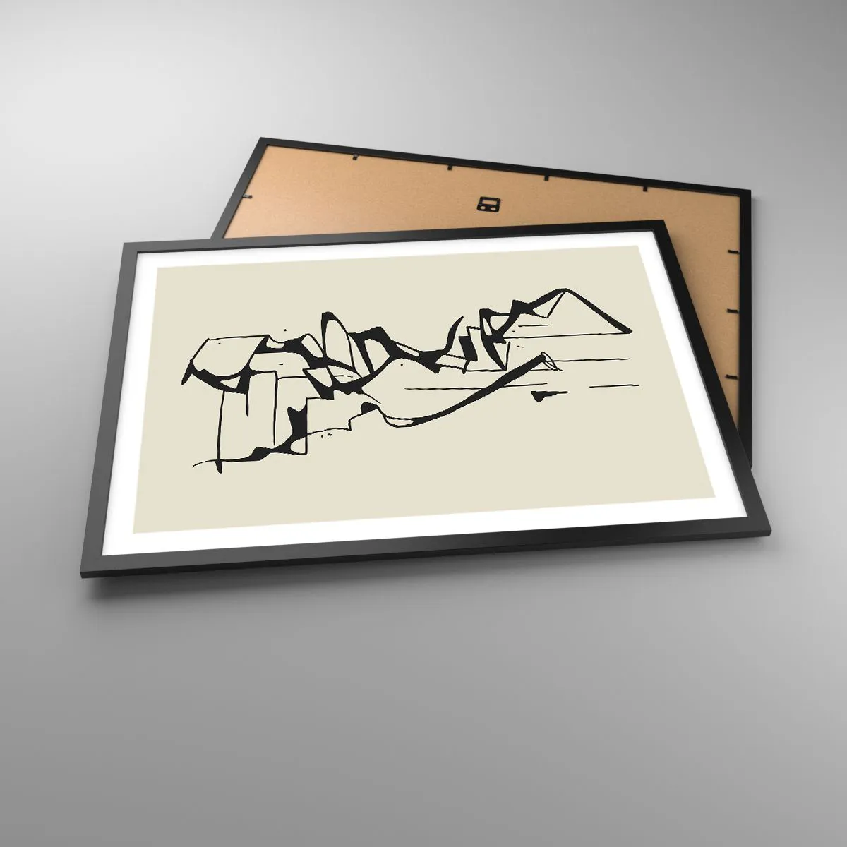 Póster en marco negro - Dibujo abstracto de montañas en blanco y negro - 70x50cm - Tal vez sea un paisaje - Decoración de pared moderna para salón y dormitorio ARTTOR