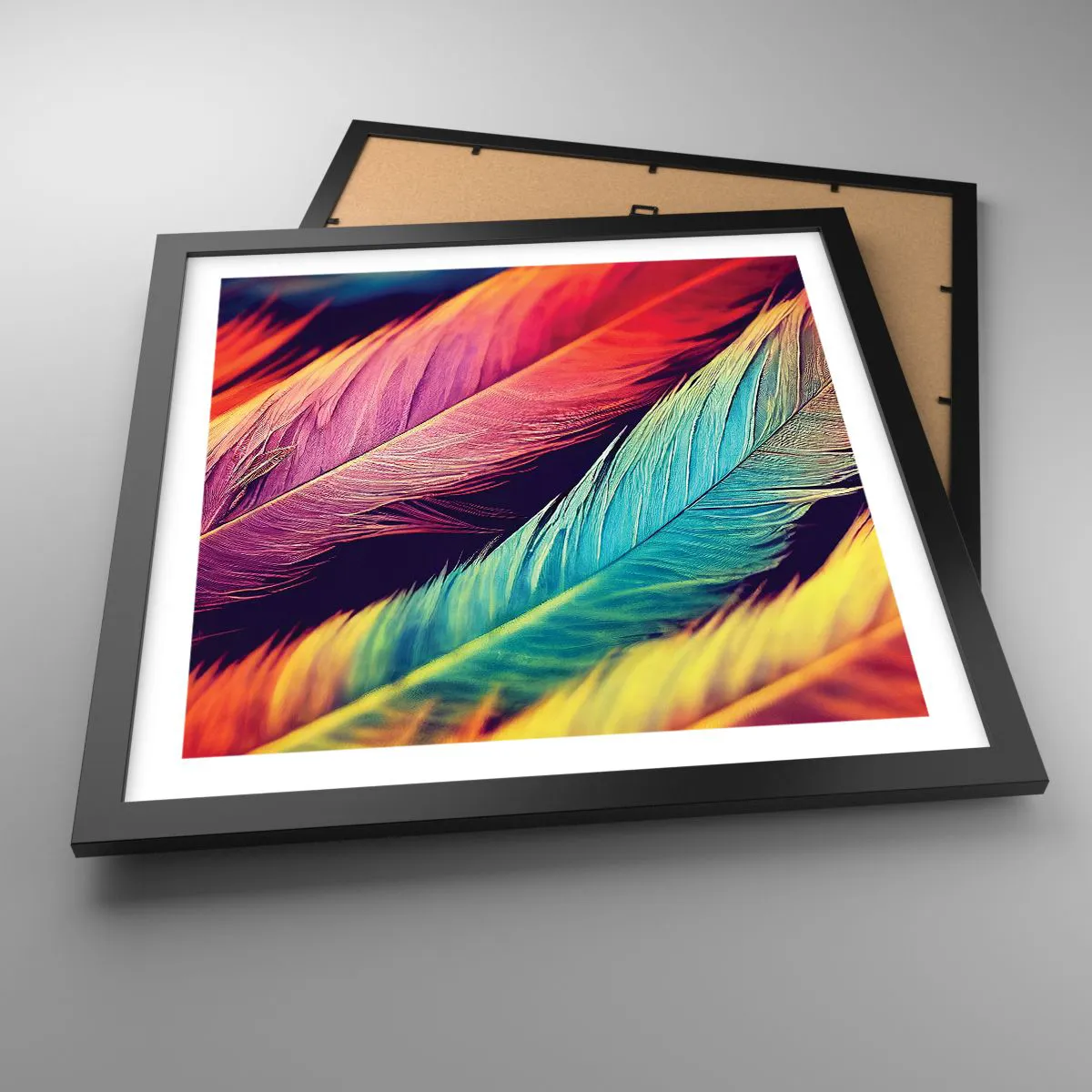 Plakat i sort ramme - Fjeragtig regnbue - 40x40 cm
