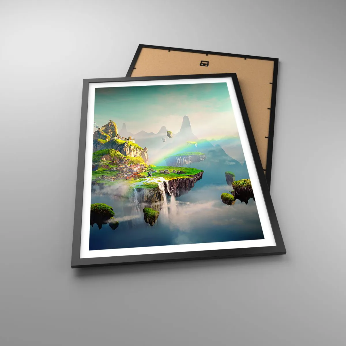 Plagát v čiernom ráme - Magická krajina s horami, dúhou a vodopádom - 50x70cm - Uprostred neba - šťastné ostrovy - Moderná nástenná dekorácia do obývacej izby a spálne ARTTOR