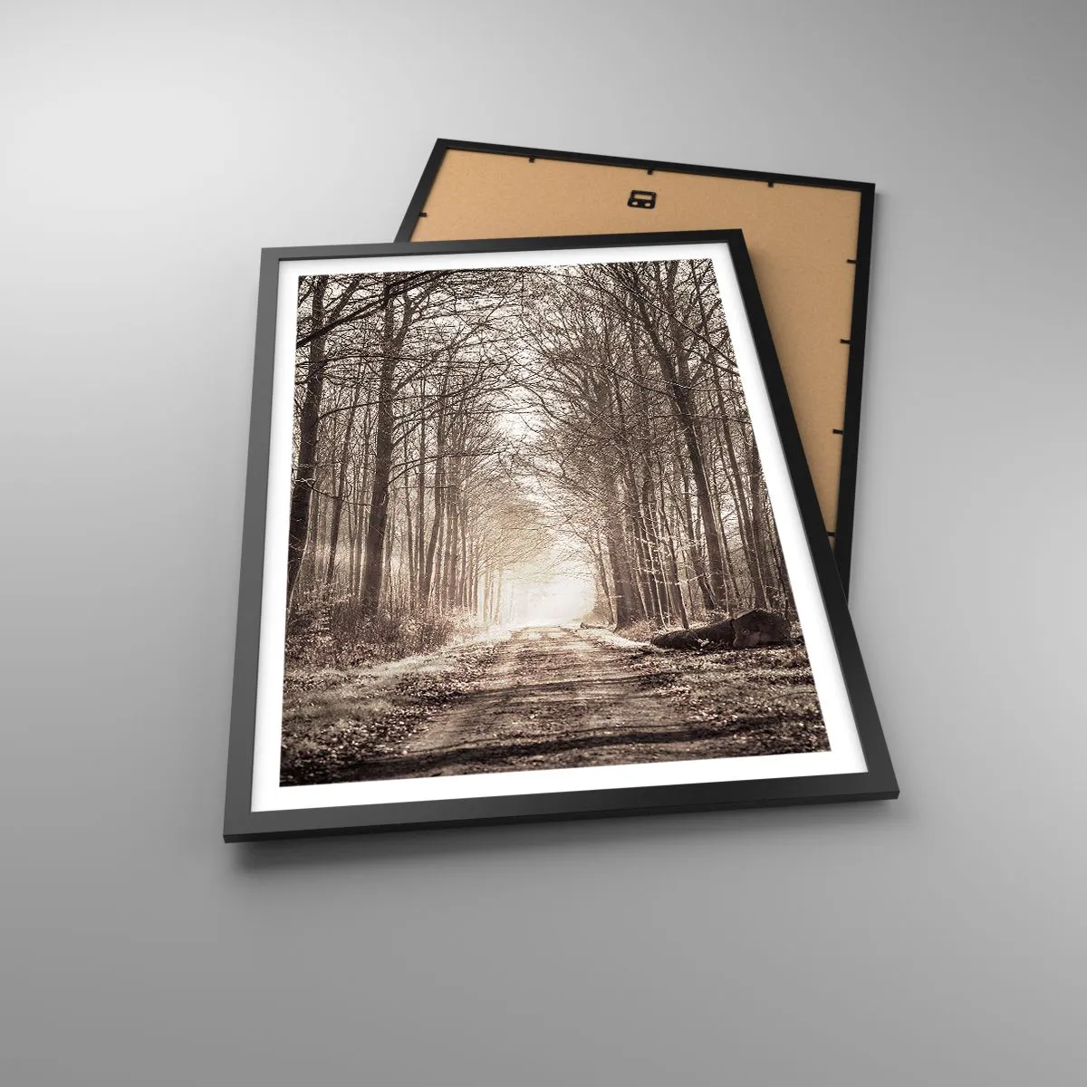 Affisch i svart ram - En skogsstig i höstliga sepiatoner - 50x70cm - Skogens domkyrka - Modern väggdekoration för vardagsrum och sovrum ARTTOR