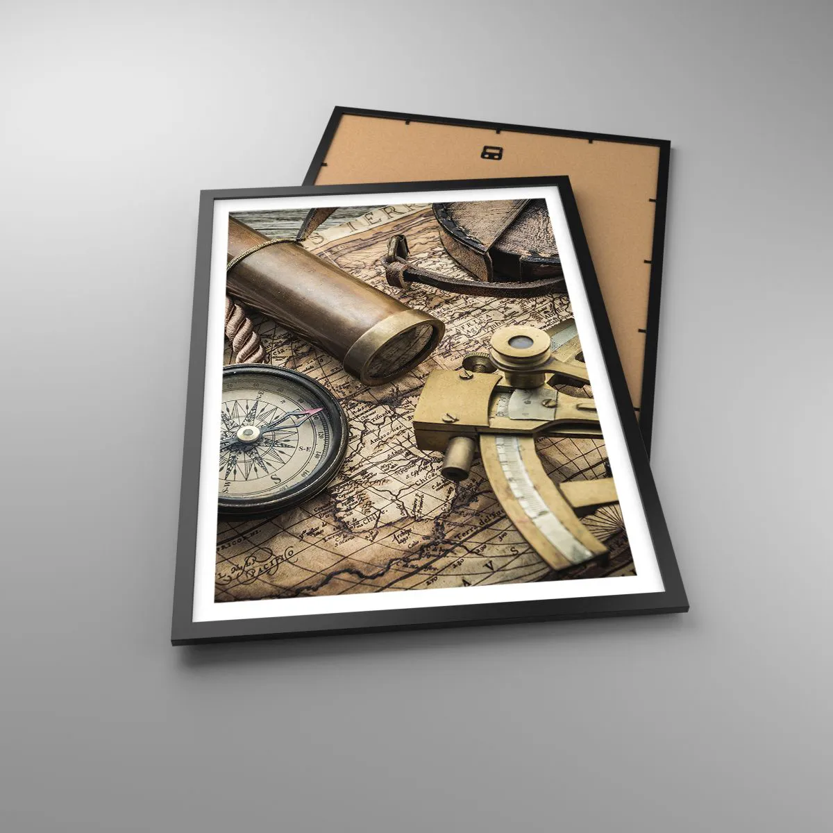 Pôster com moldura preta - Conjunto de navegação com mapa, bússola e sextante - 50x70cm - Definir um rumo - Decoração de parede moderna para a sala de estar e quarto ARTTOR