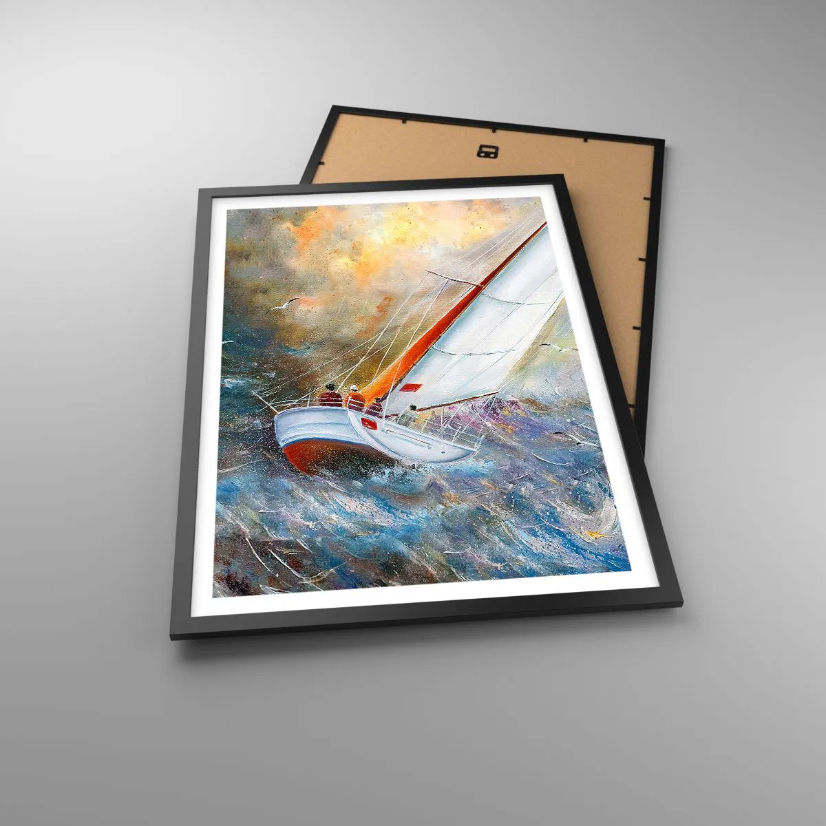 Póster en marco negro - Un yate navegando en un mar tempestuoso en un paisaje pintoresco. - 50x70cm - Surcando las olas - Decoración de pared moderna para salón y dormitorio ARTTOR
