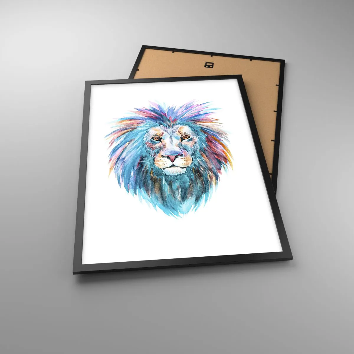 Affiche dans un cadre noir - Poster - Un lion à l'aquarelle colorée sur fond blanc - 50x70cm - Aura électrique - Décoration murale moderne pour le salon et la chambre ARTTOR