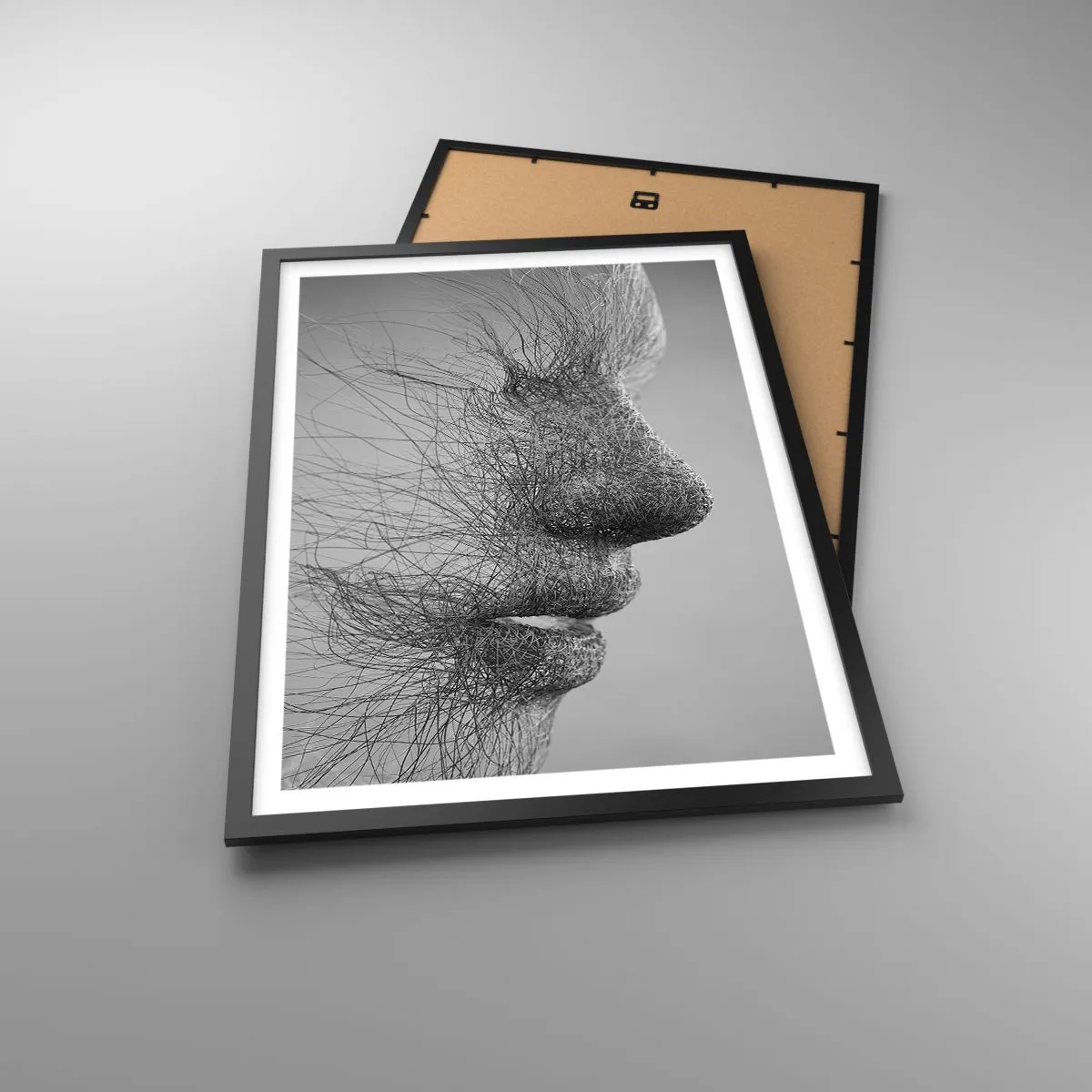 Poster in einem schwarzem Rahmen - Ein Gesichtsprofil aus feinen Linien und Texturen - 50x70cm - Der Geist des Windes - Moderne Wanddekoration für Wohnzimmer und Schlafzimmer ARTTOR