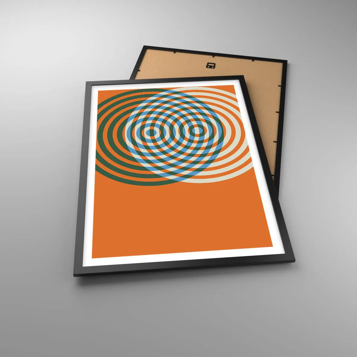 Pôster com moldura preta - Círculos concêntricos coloridos em um fundo laranja - 50x70cm - Variação circular abstrata - Decoração de parede moderna para a sala de estar e quarto ARTTOR