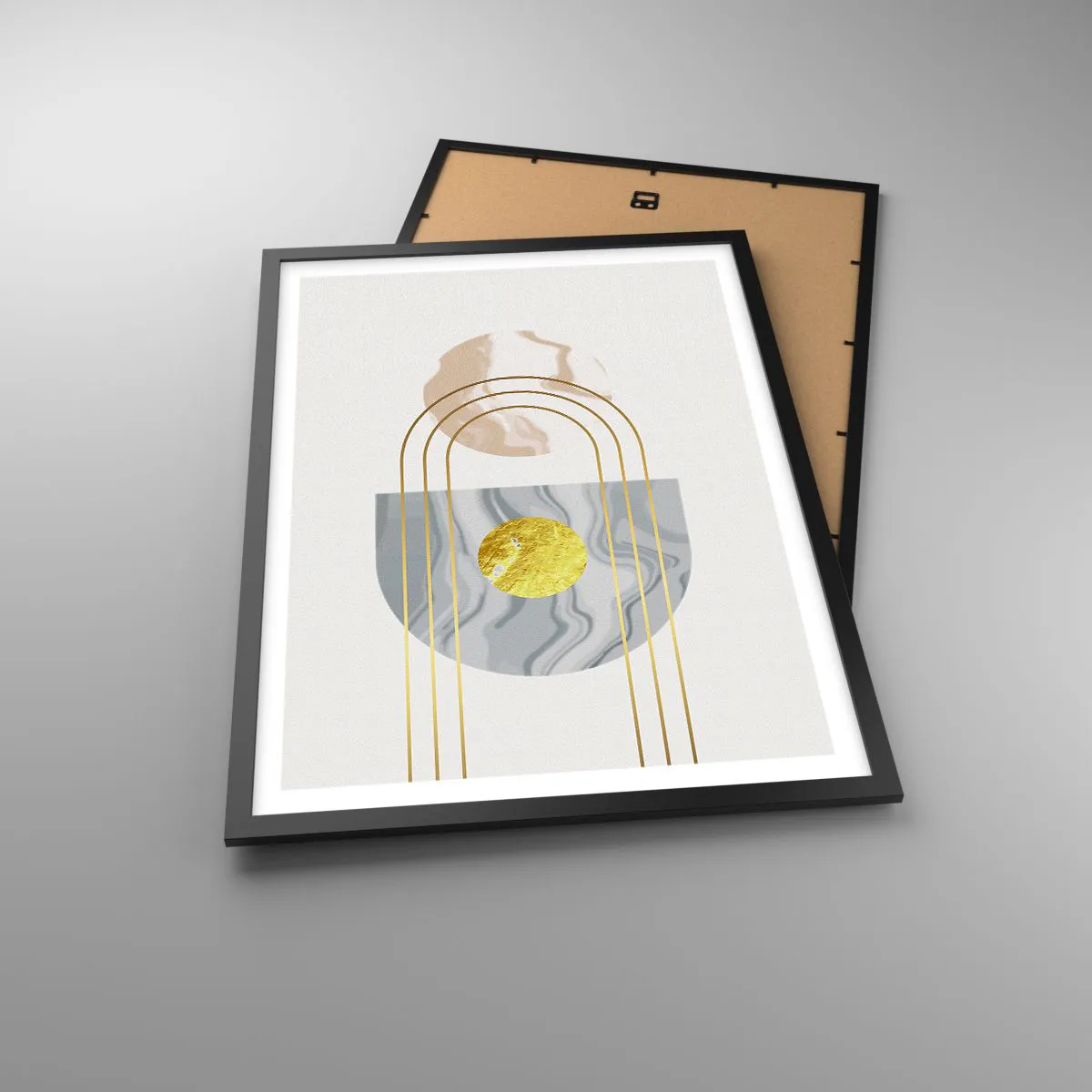 Poster in einem schwarzem Rahmen - Geometrische Muster mit goldenen Elementen auf hellem Hintergrund - 50x70cm - Helligkeit und Brillanz - Moderne Wanddekoration für Wohnzimmer und Schlafzimmer ARTTOR