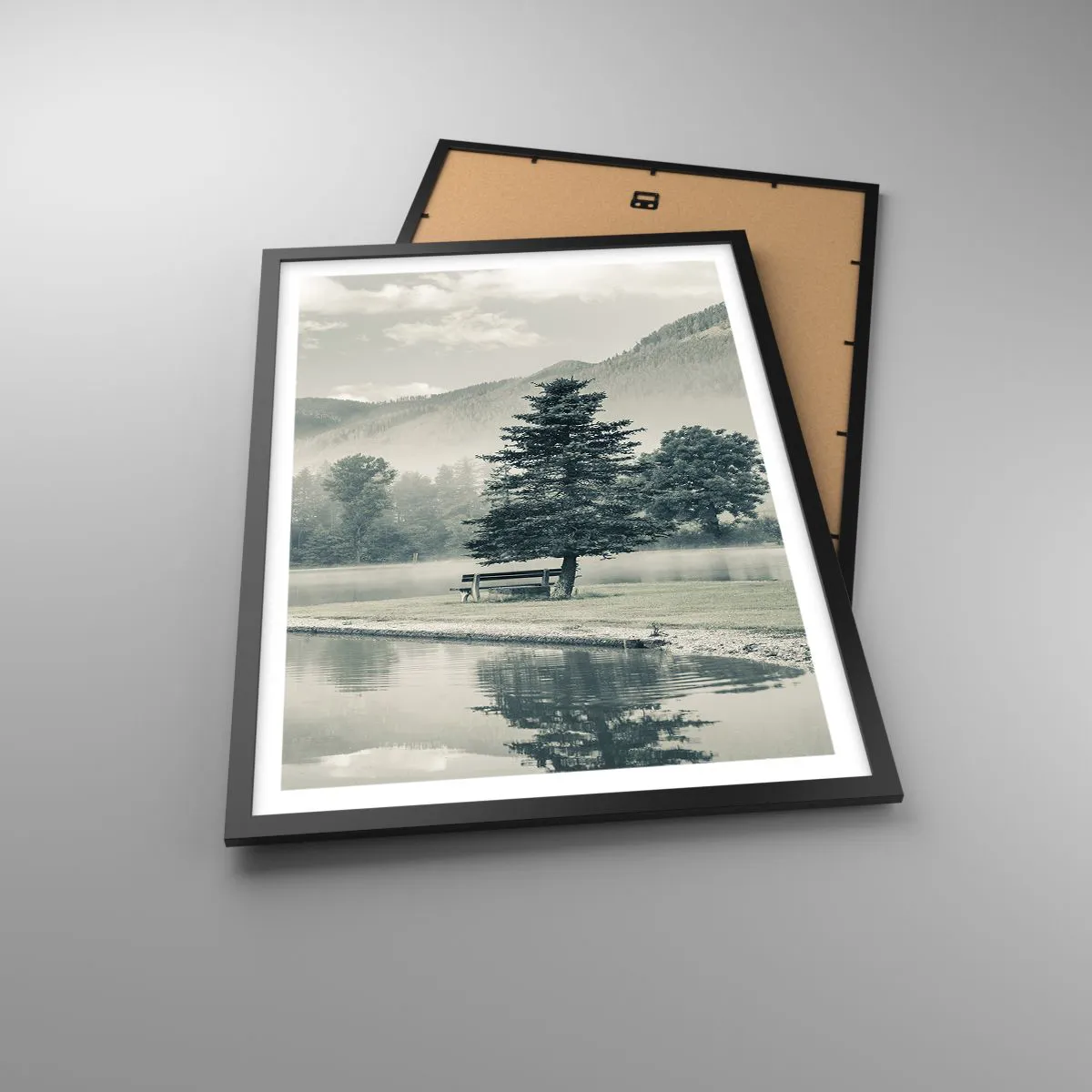 Poster in black frame - A bench under a tree by a lake with a mountain backdrop - 50x70cm - Lake Is Still Asleep - Modern wall decoration for the living room and bedroom ARTTOR