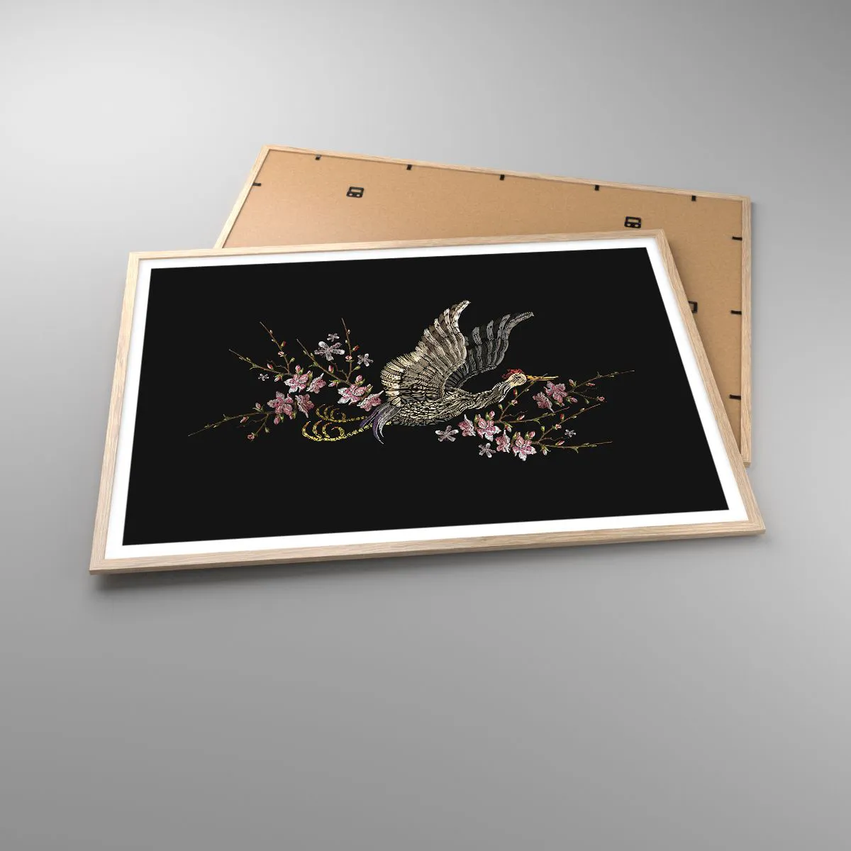 Affiche dans un chêne clair - Poster - Oiseau brodé exotique - 100x70 cm