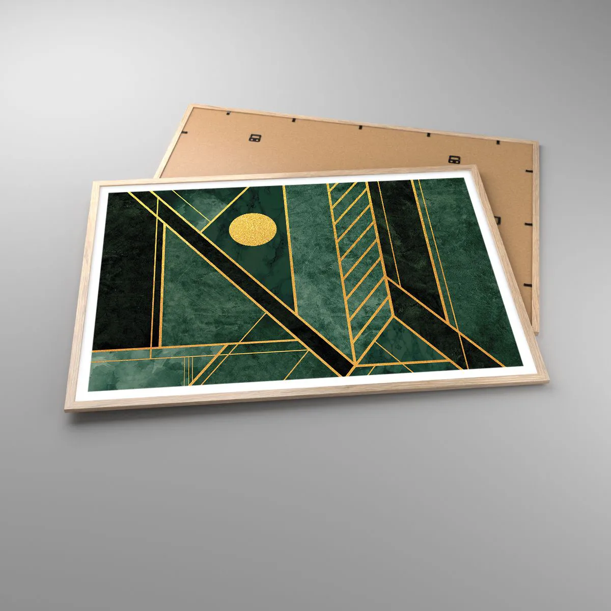 Een poster in een licht eiken lijst - Dynamiek van goud en azuur - 100x70 cm