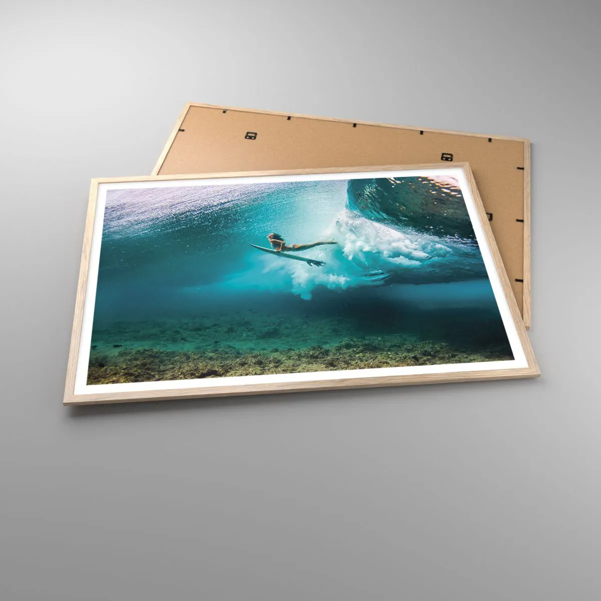 Plakat i ramme af lyst egetræ - Undervandsverden - 100x70 cm