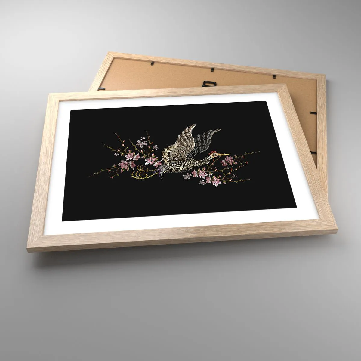 Affiche dans un chêne clair - Poster - Oiseau brodé exotique - 40x30 cm