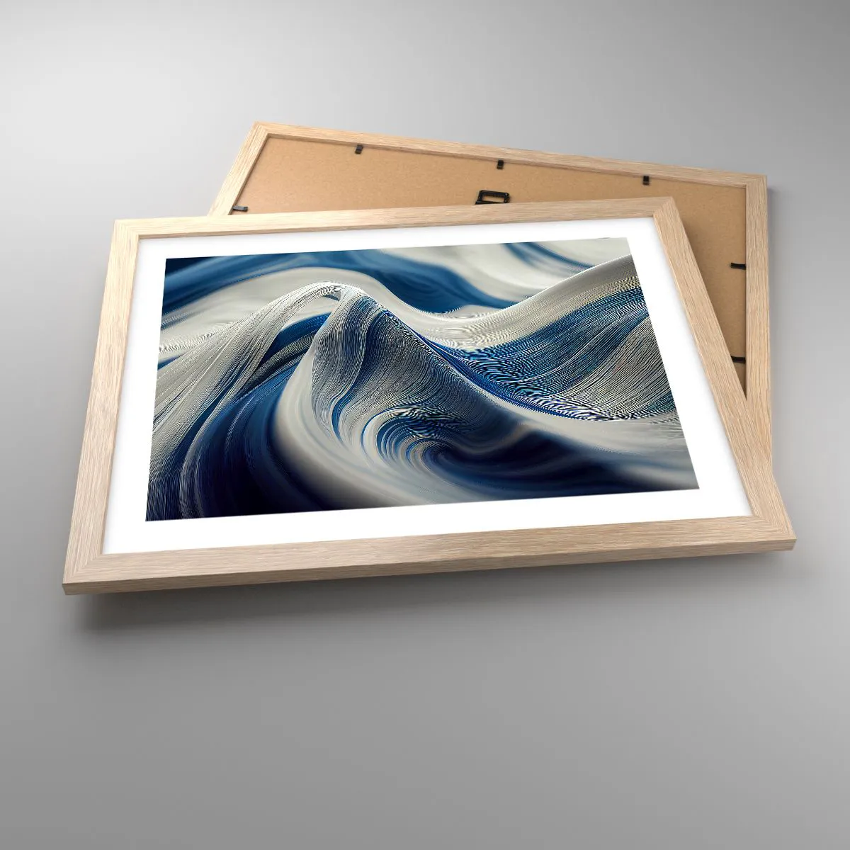 Plakat i ramme af lyst egetræ - Flydende blå og hvide farver - 40x30 cm