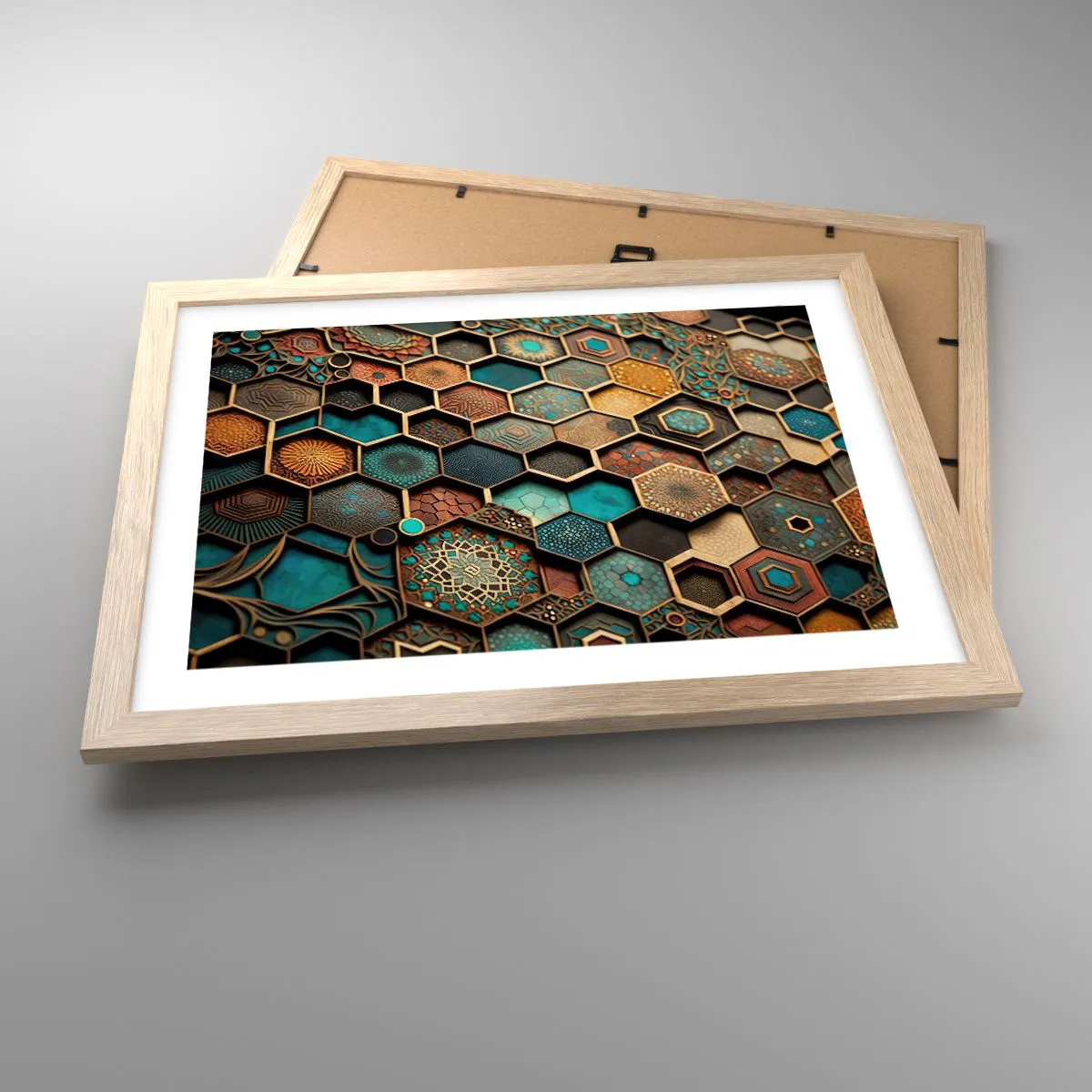 Plakat i ramme af lyst egetræ - Arabiske ornamenter - en variation - 40x30 cm