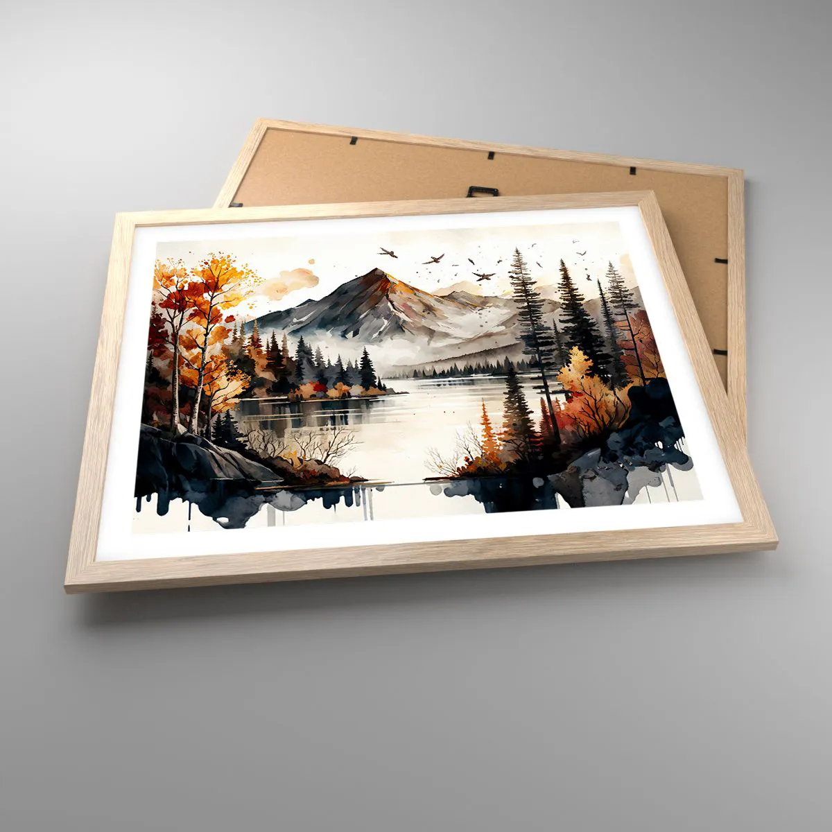 Plakat i ramme af lyst egetræ - Gyldent efterår i bjergene - 50x40 cm