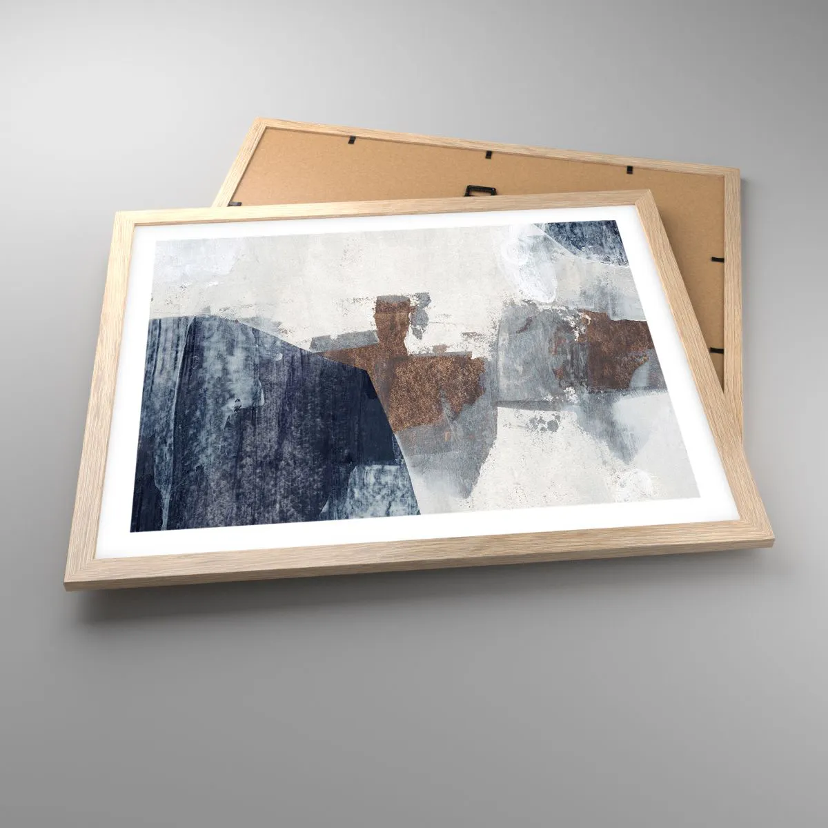 Póster en marco roble claro - Formas azules y marrones - 50x40 cm