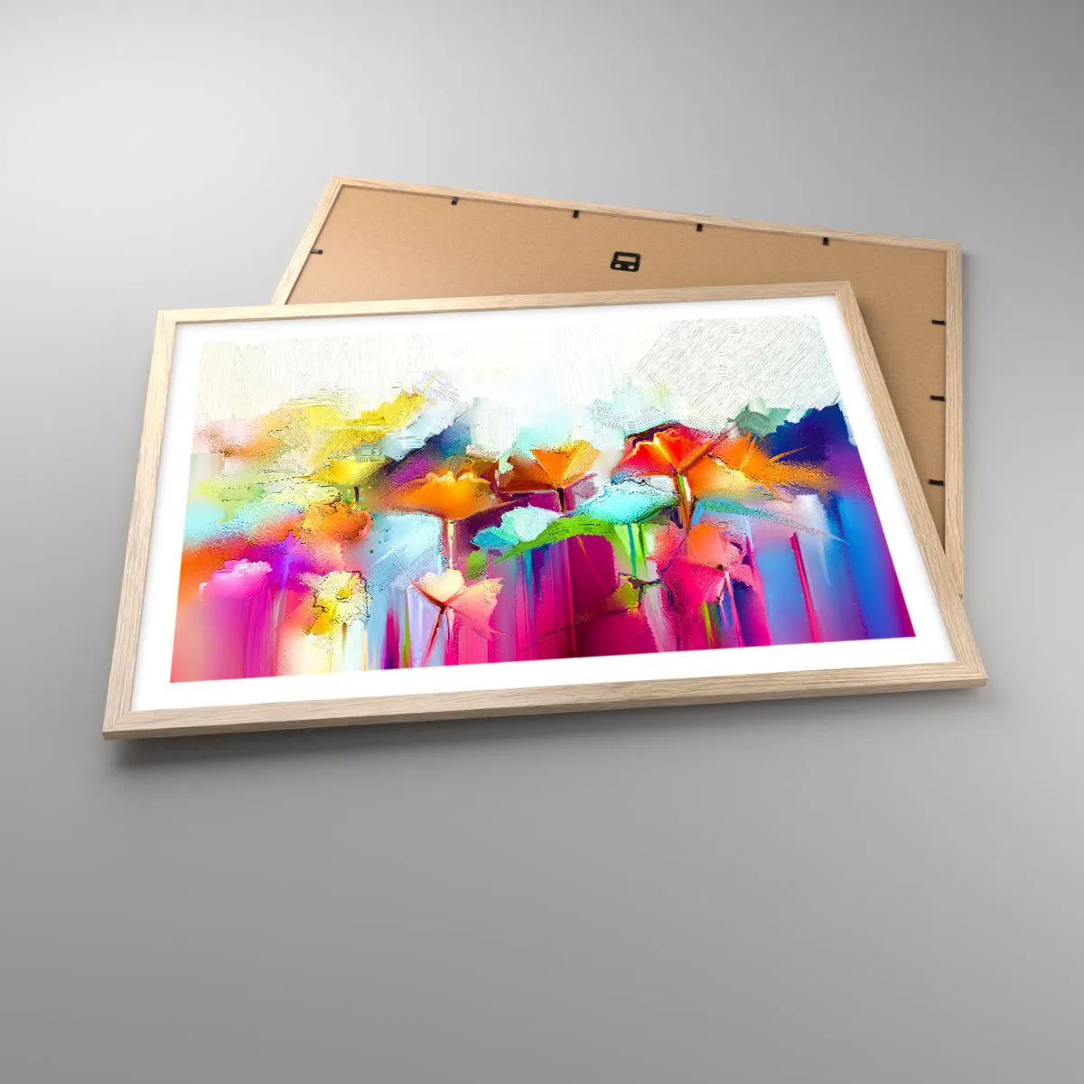 Plakat i ramme af lyst egetræ - Regnbuen i blomstring - 70x50 cm