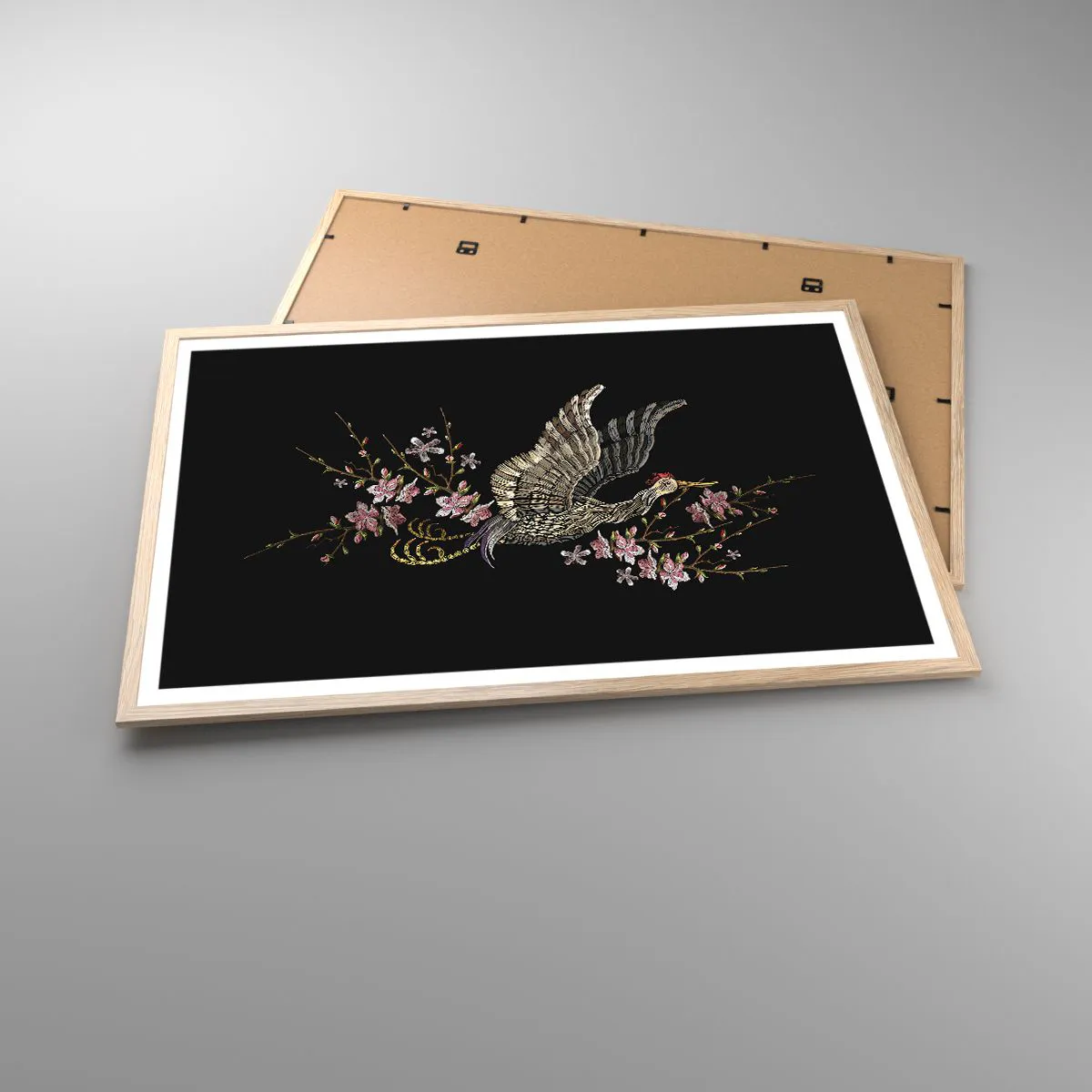 Affiche dans un chêne clair - Poster - Oiseau brodé exotique - 91x61 cm