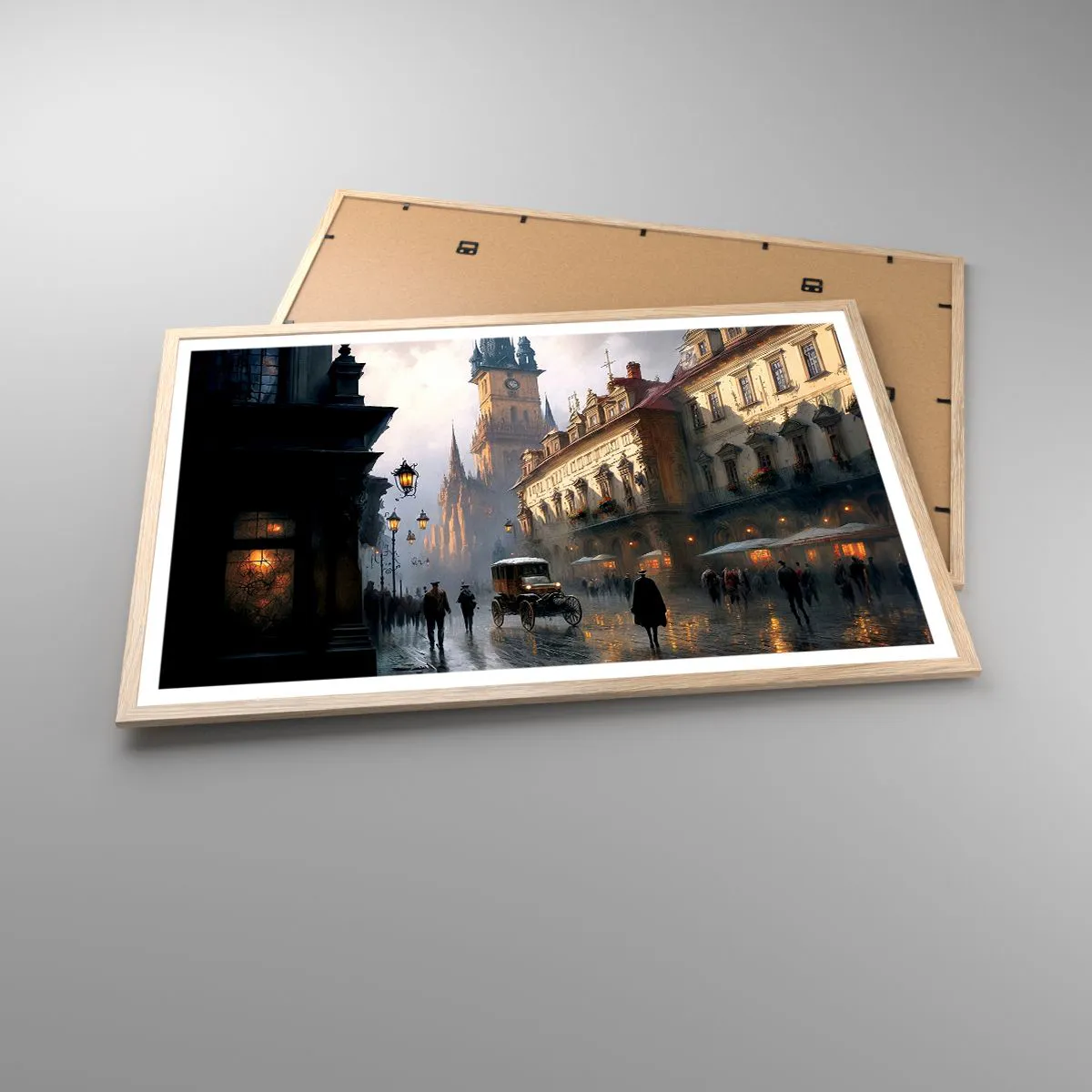 Poster in einem Rahmen aus heller Eiche - Charme eines Prager Abends - 91x61 cm