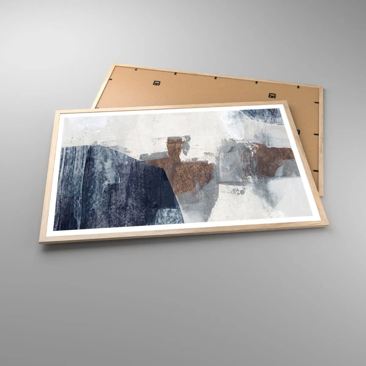 Poster in einem Rahmen aus heller Eiche - Blaue und braune Formen - 91x61 cm