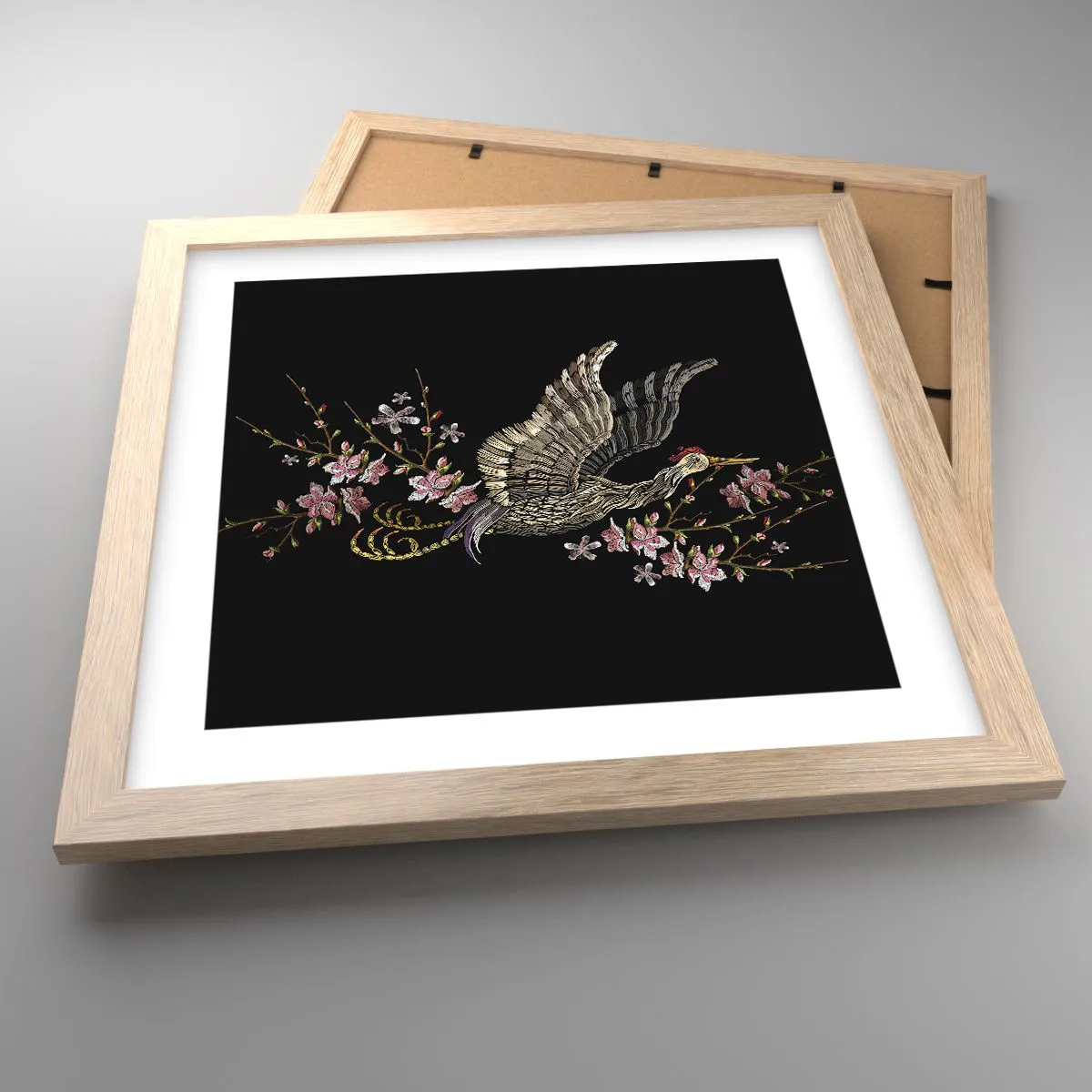 Affiche dans un chêne clair - Poster - Oiseau brodé exotique - 30x30 cm