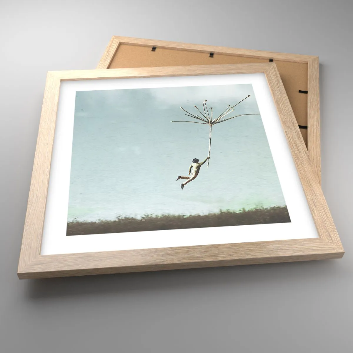 Poster in einem Rahmen aus heller Eiche - Drachen, Löwenzahn, Wind - 30x30 cm