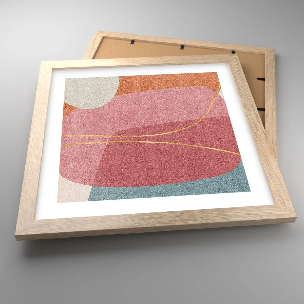 Poster in einem Rahmen aus heller Eiche - Pastellkomposition mit Goldfaden - 30x30 cm