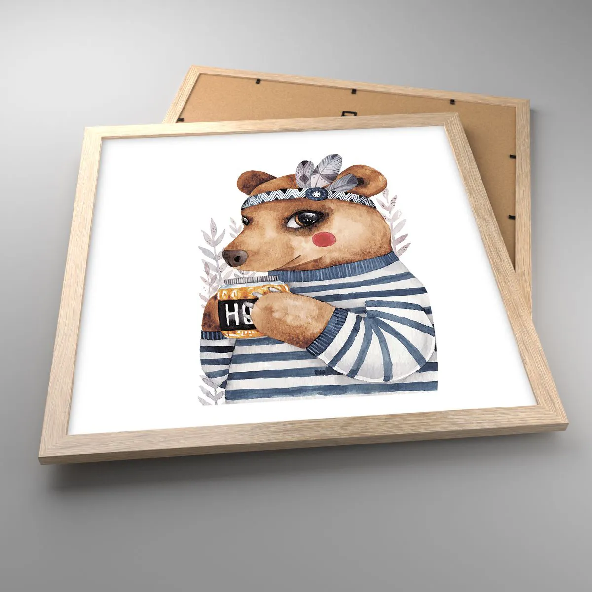 Plakat i ramme af lyst egetræ - Søde bjørn - 40x40 cm