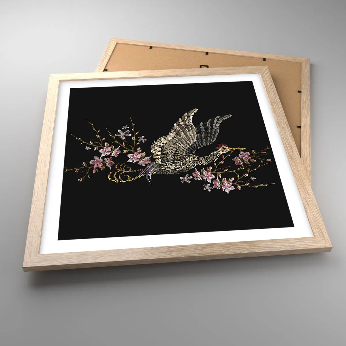 Affiche dans un chêne clair - Poster - Oiseau brodé exotique - 40x40 cm