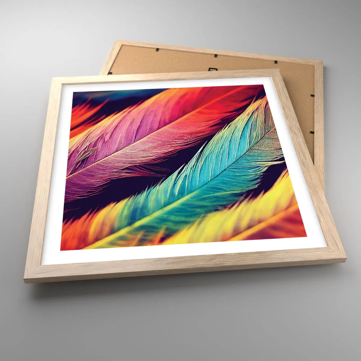 Poster in einem Rahmen aus heller Eiche - Gefiederter Regenbogen - 40x40 cm