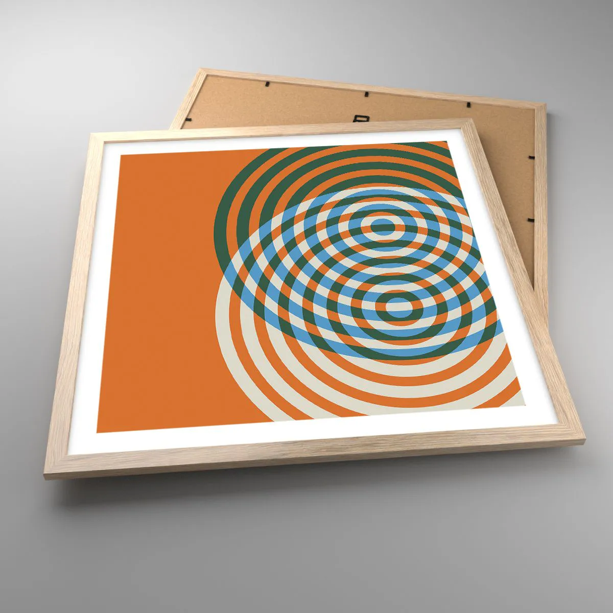 Plakat i ramme af lyst egetræ - Abstrakt cirkulær variation - 50x50 cm
