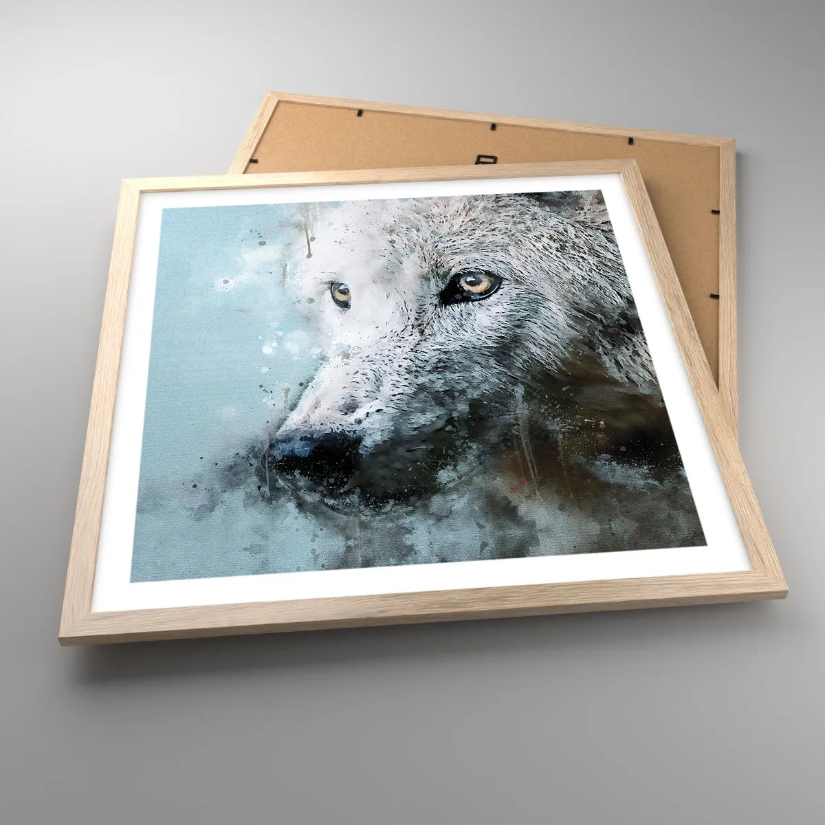 Plakat i ramme af lyst egetræ - Mød ulvesjælen - 50x50 cm