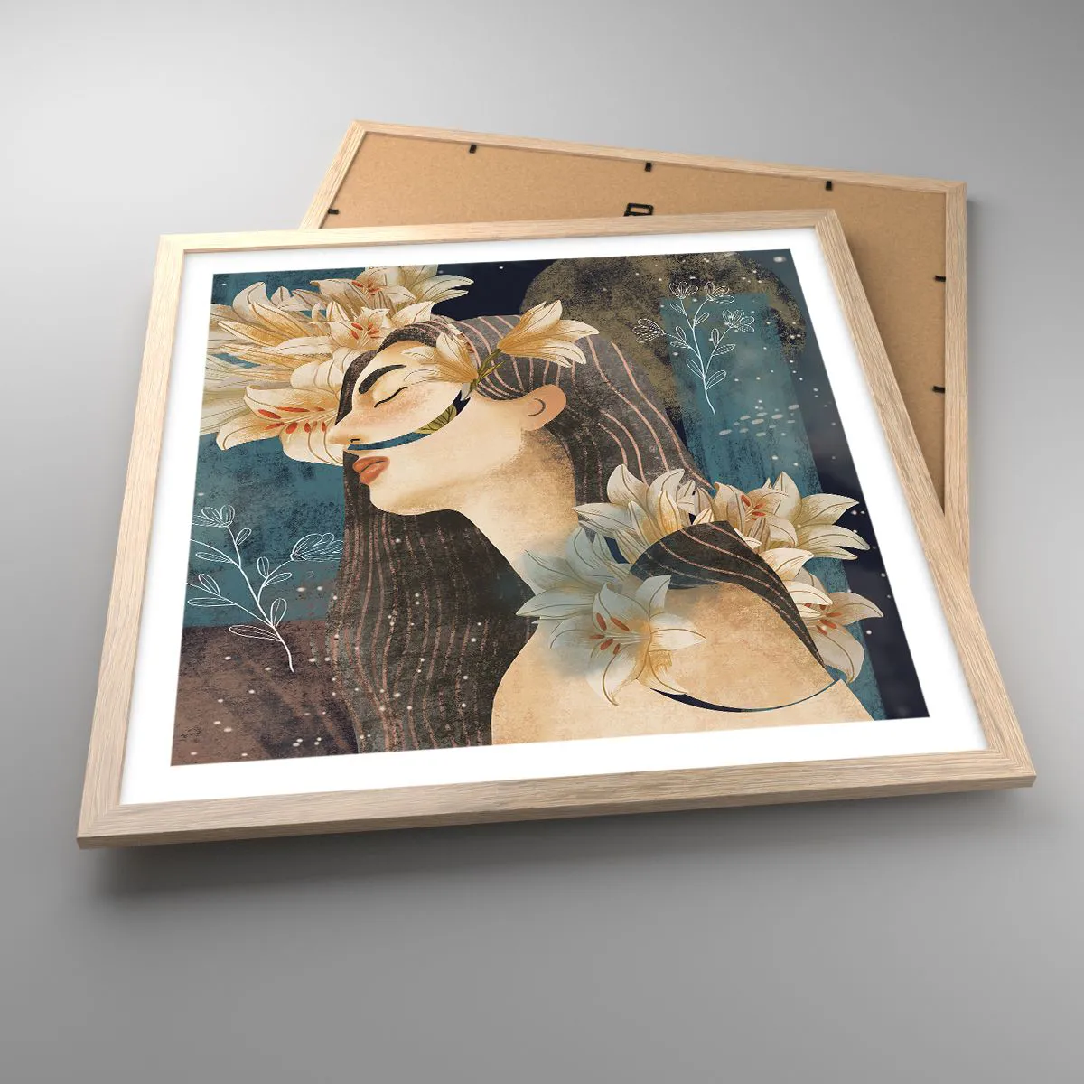 Poster in light oak frame - Tale of a Queen with Lillies - 50x50 cm