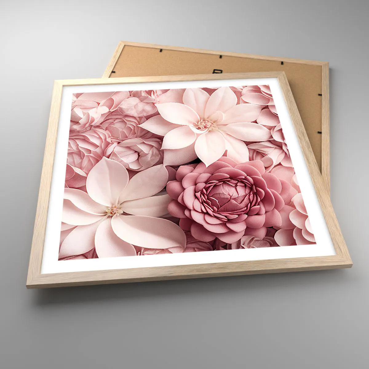 Plakat i ramme af lyst egetræ - I lyserøde kronblade - 50x50 cm