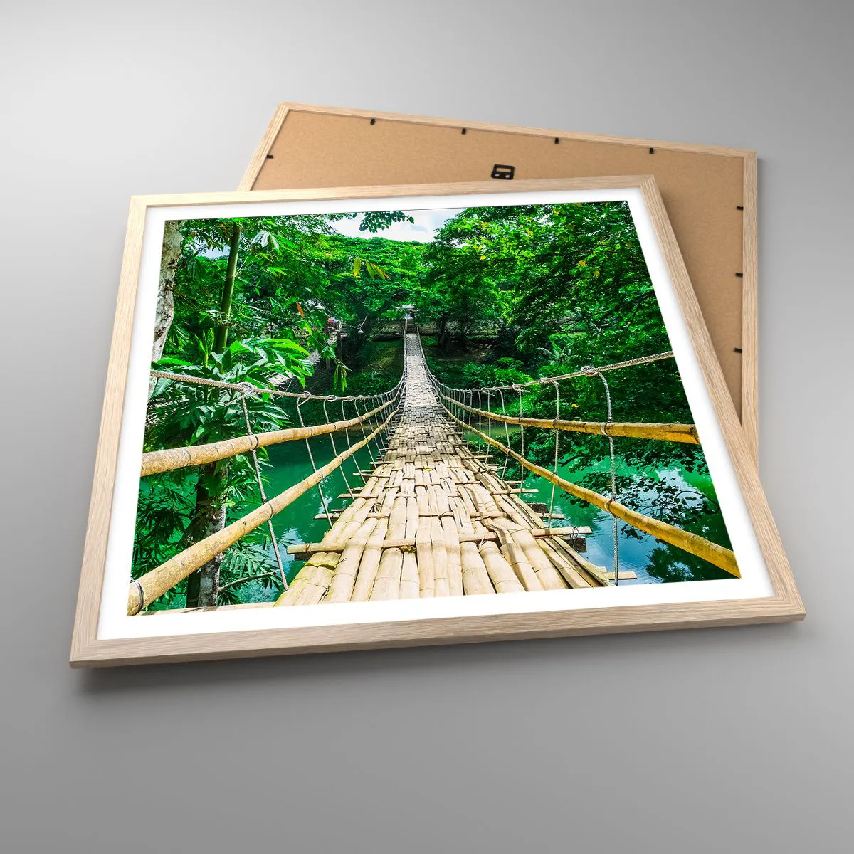 Poster în ramă de stejar deschis - Pod de maimuțe peste verdeață - 60x60 cm