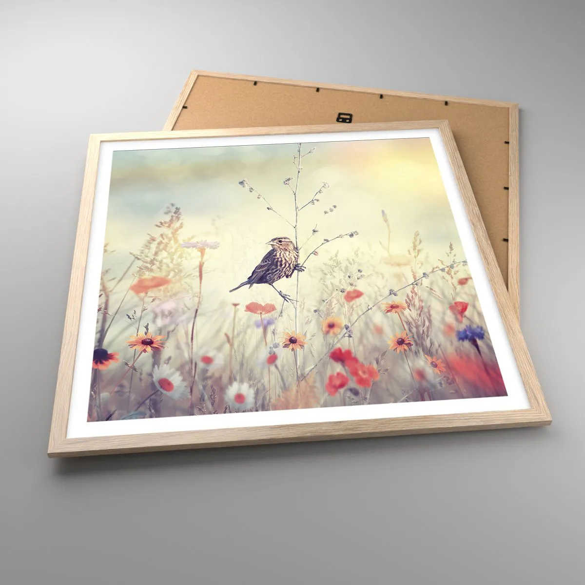 Poster in light oak frame - Bird Portrait with a Meadow in the Background - 60x60 cm