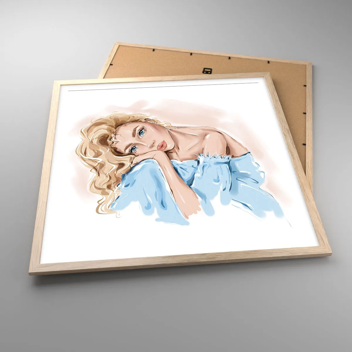 Affiche dans un chêne clair - Poster - Rêveuse en bleu - 60x60 cm