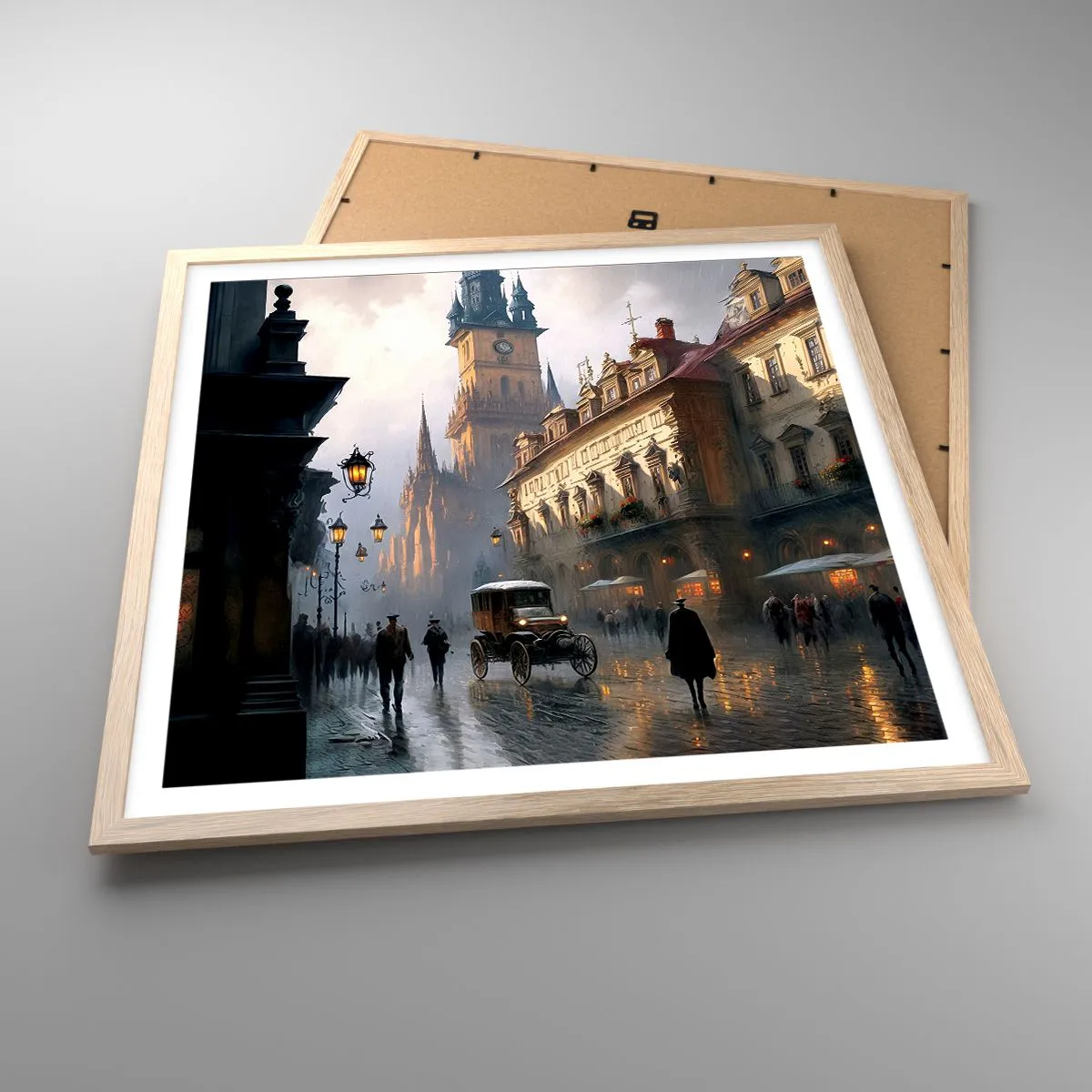 Poster in einem Rahmen aus heller Eiche - Charme eines Prager Abends - 60x60 cm
