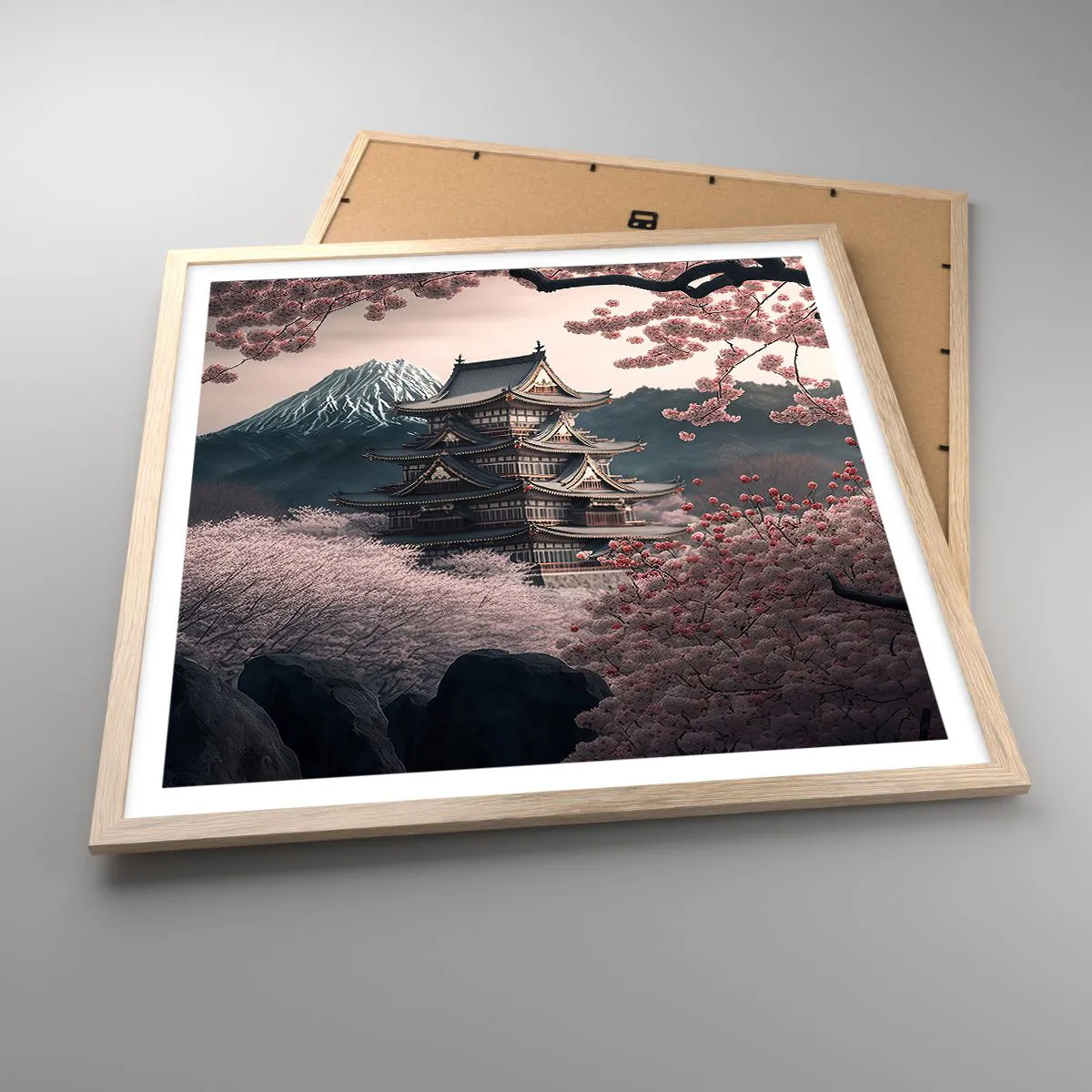 Plagát v ráme zo svetlého duba - Krajina kvitnúcich čerešní - 60x60 cm