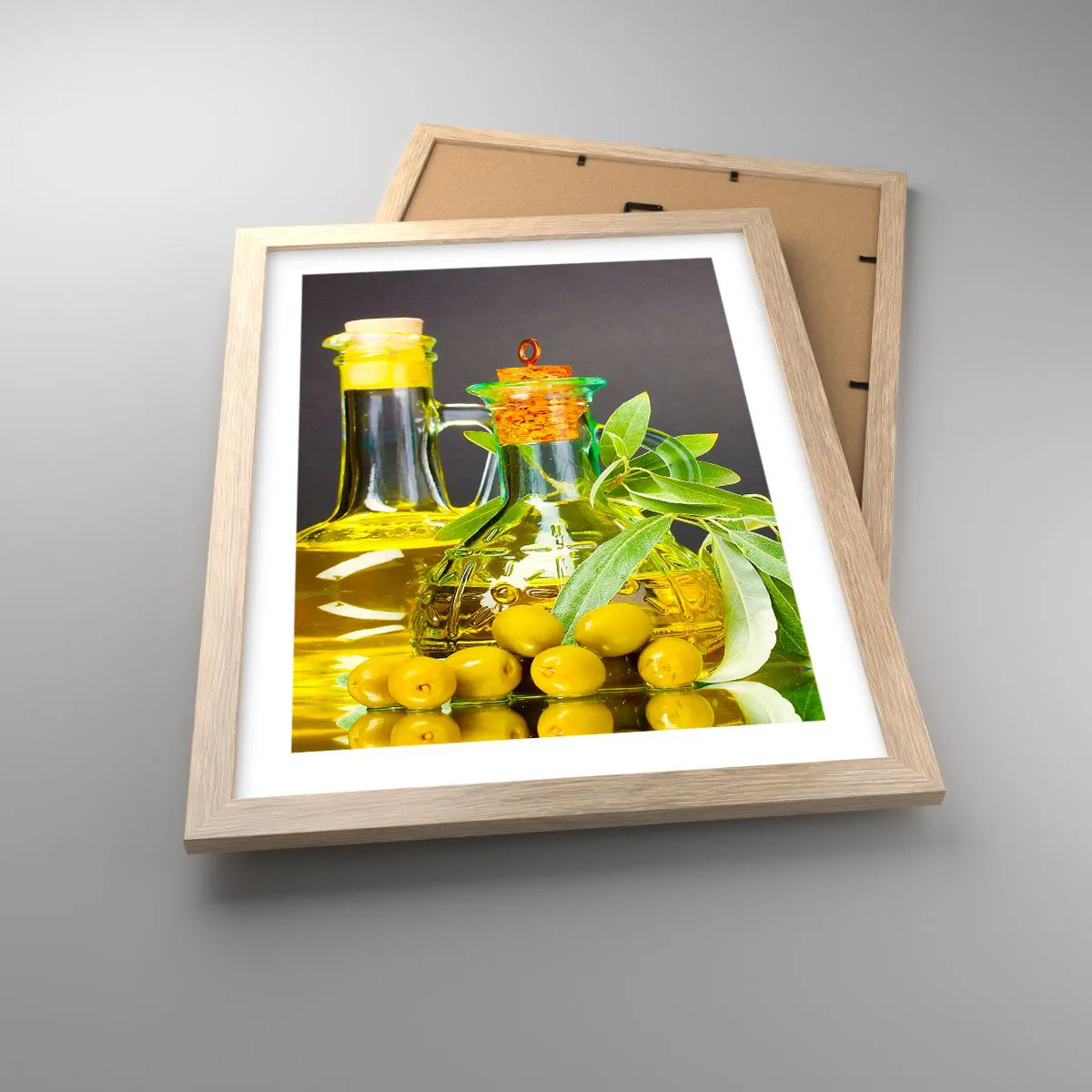 Plakát v rámu světlý dub - Zátiší s olivami a olejem - 30x40 cm