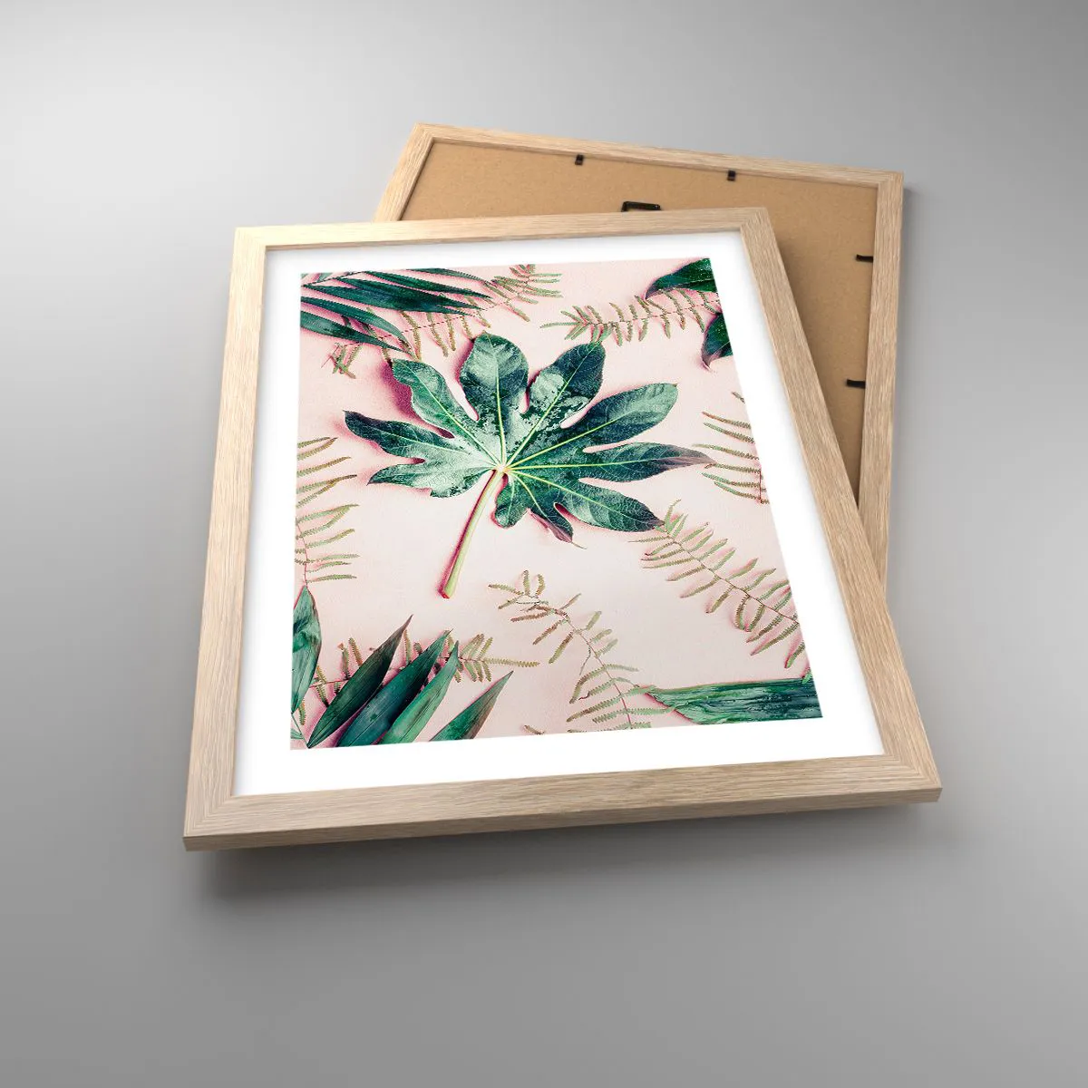 Poster in light oak frame - Study in Green on Pink Background - 30x40 cm