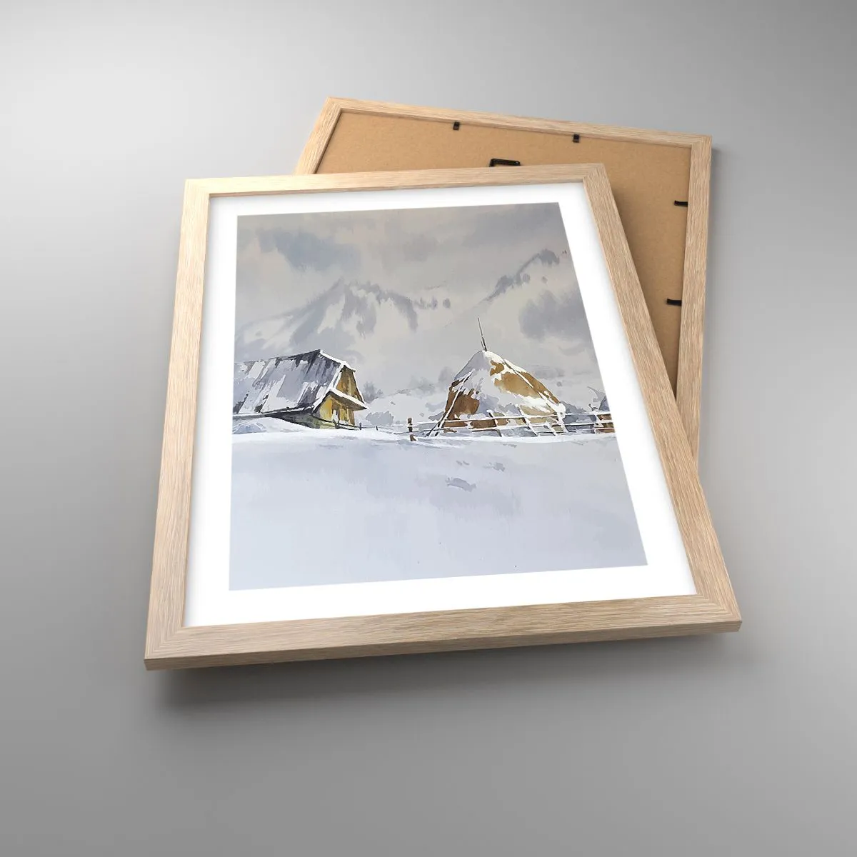 Affiche dans un chêne clair - Poster - Dans une vallée enneigée - 30x40 cm