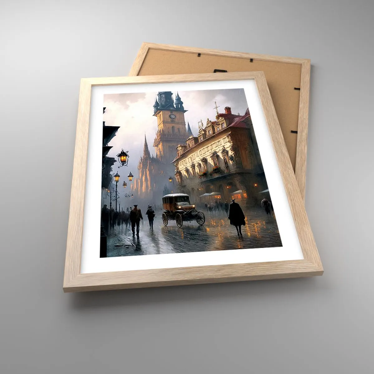 Poster in einem Rahmen aus heller Eiche - Charme eines Prager Abends - 30x40 cm