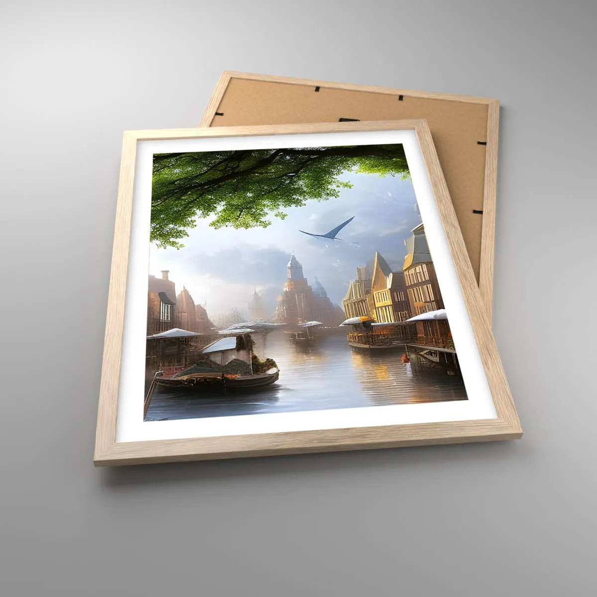 Plakat i ramme af lyst egetræ - Hollandsk bybillede - 40x50 cm