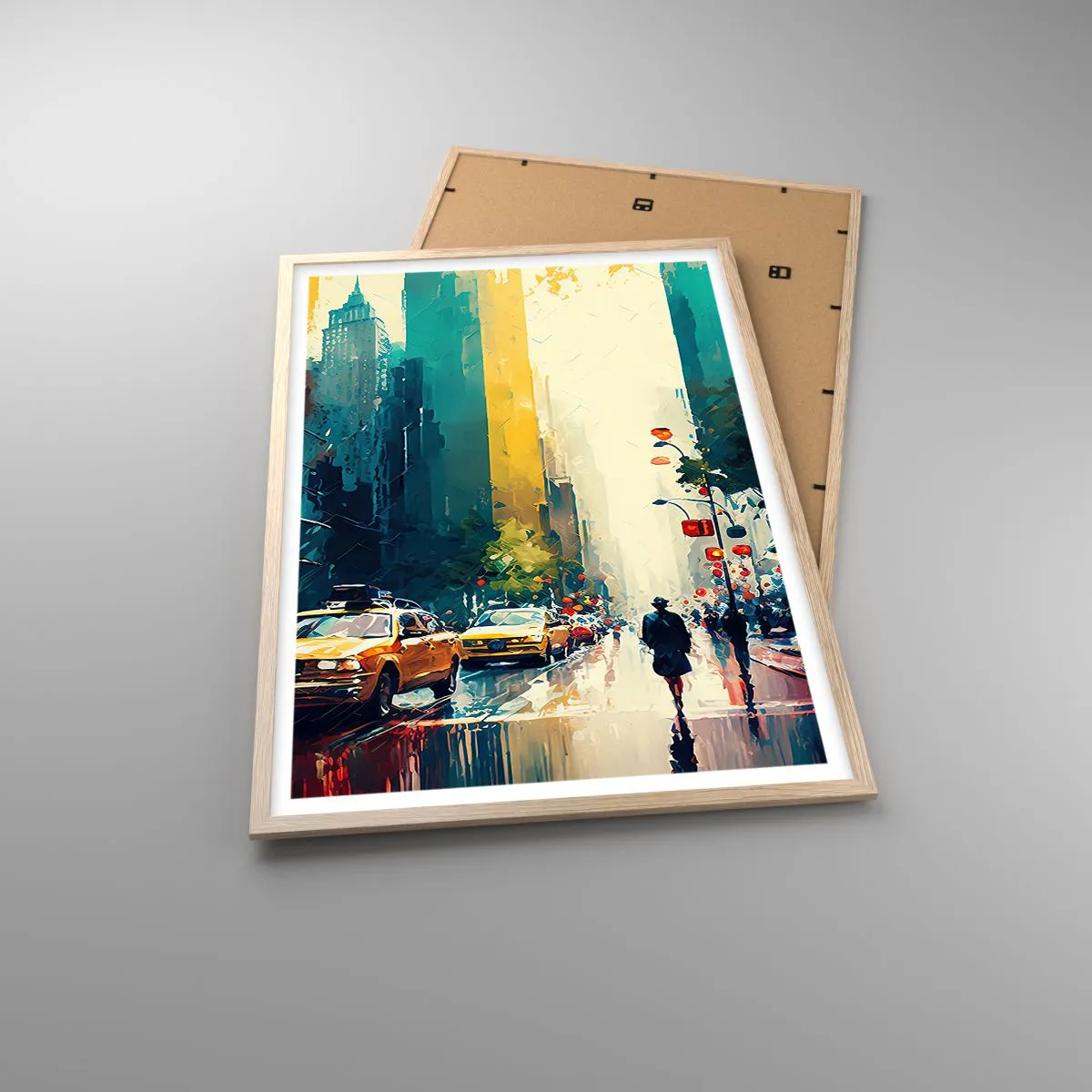 Poster in einem Rahmen aus heller Eiche - New York – selbst der Regen ist hier bunt - 61x91 cm