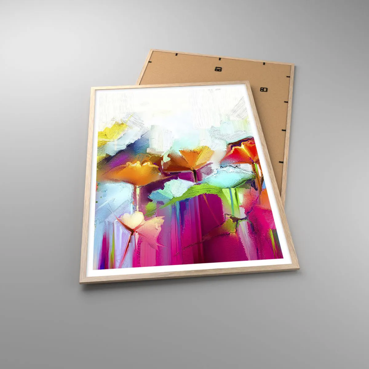 Plakat i ramme af lyst egetræ - Regnbuen i blomstring - 70x100 cm