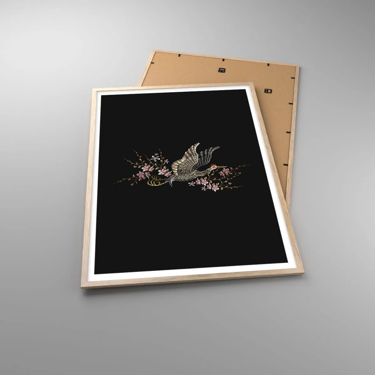 Affiche dans un chêne clair - Poster - Oiseau brodé exotique - 70x100 cm