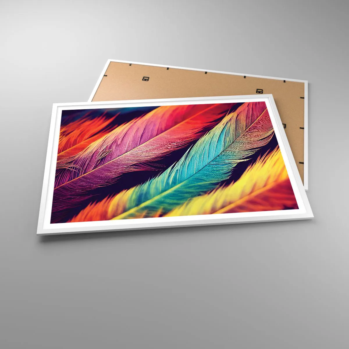 Poster in einem weißen Rahmen - Gefiederter Regenbogen - 100x70 cm