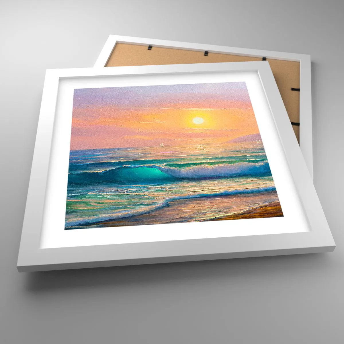 Plakat w białej ramie - Turkusowa pieśń fal - 30x30 cm