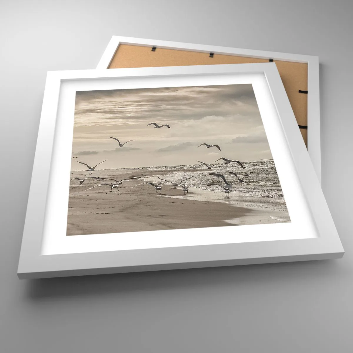 Affisch i vit ram - Havets brus, fågelsång - 30x30 cm